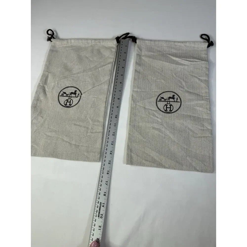 HERMES Dust Bag 2pc Lot Herringbone Beige Cotton Logo Drawstring 8.5x15 Shoe